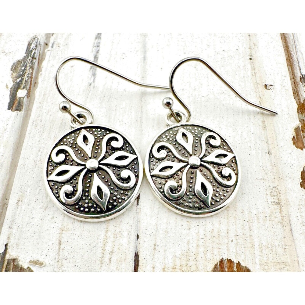 Silver Tone Engraved Folk Art‎ Round Earrings